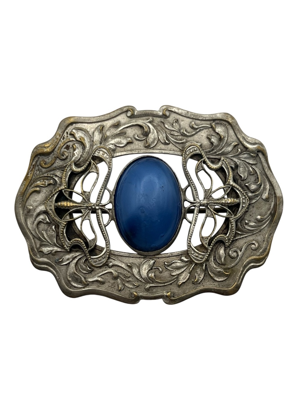 Art Nouveau vintage silver tne dragonfly scroll blue cabochon brooch pin c clasp